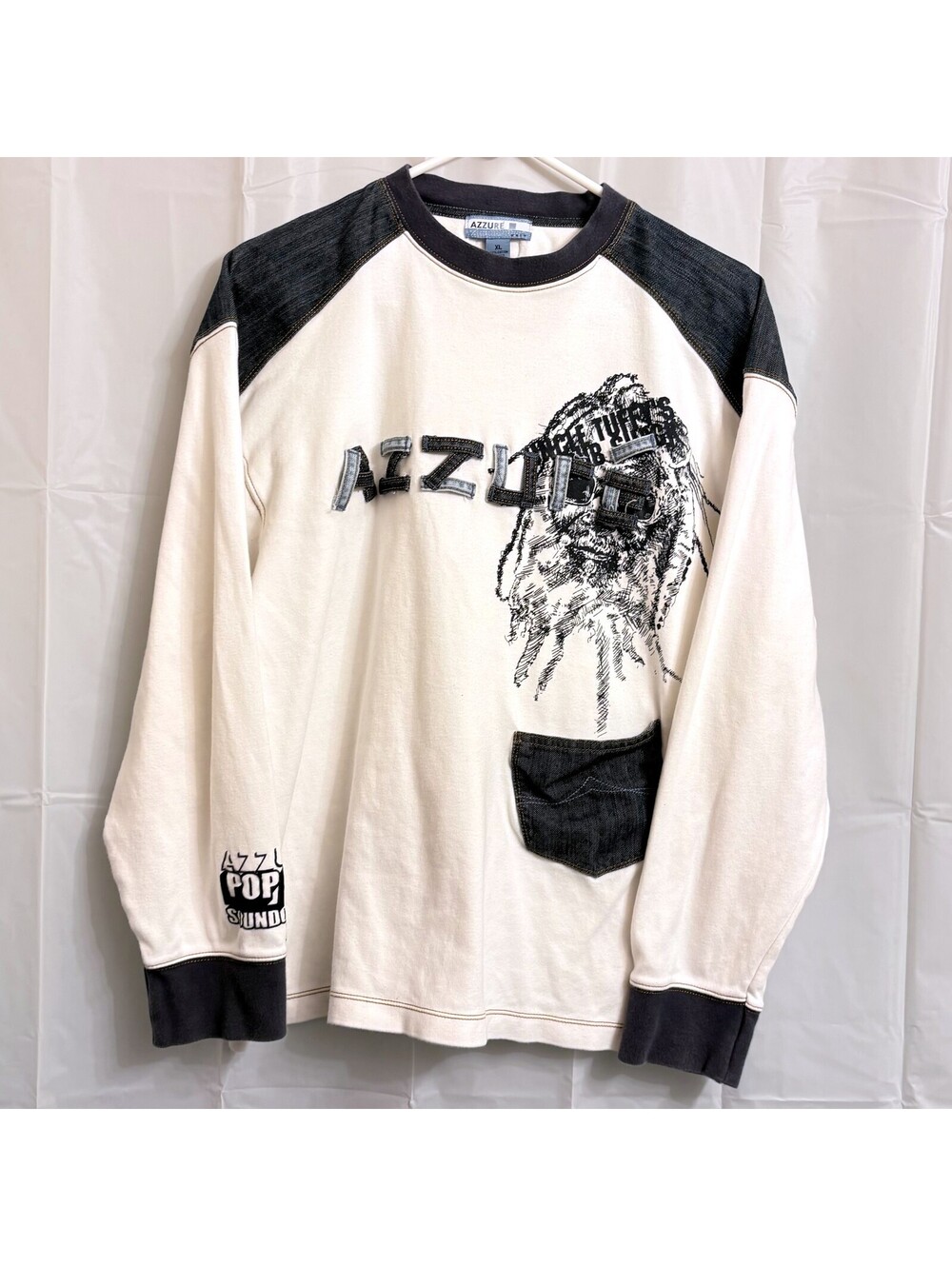 Azzure Men's Long Sleeve T-Shirt Extra Large XL Graphics Denim Patches